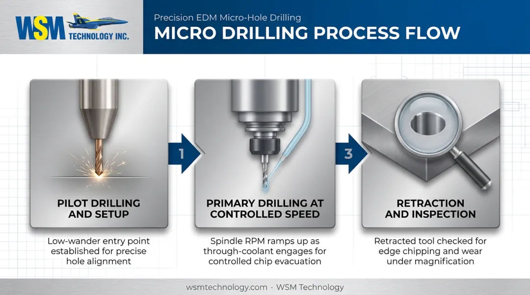 3-step micro drilling process from pilot hole to retraction inspection