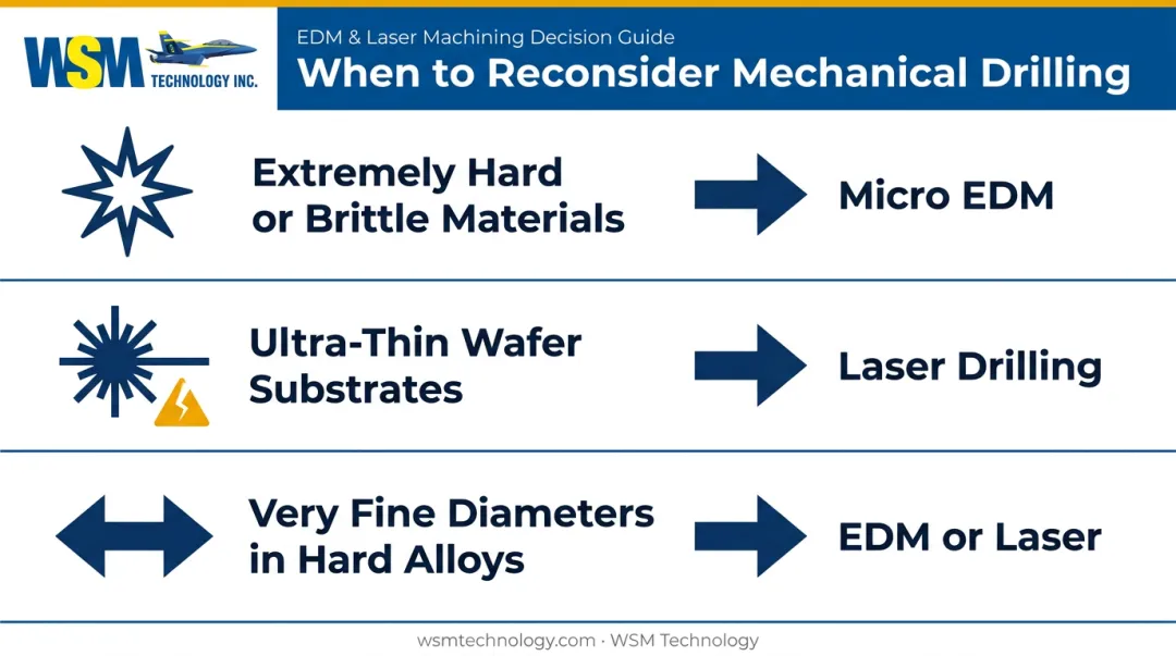 Decision guide for choosing micro EDM or laser over mechanical drilling
