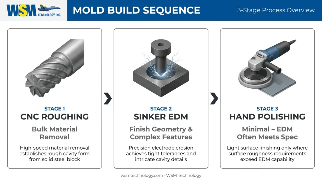 Three-stage mold build sequence from CNC roughing through EDM to final polish