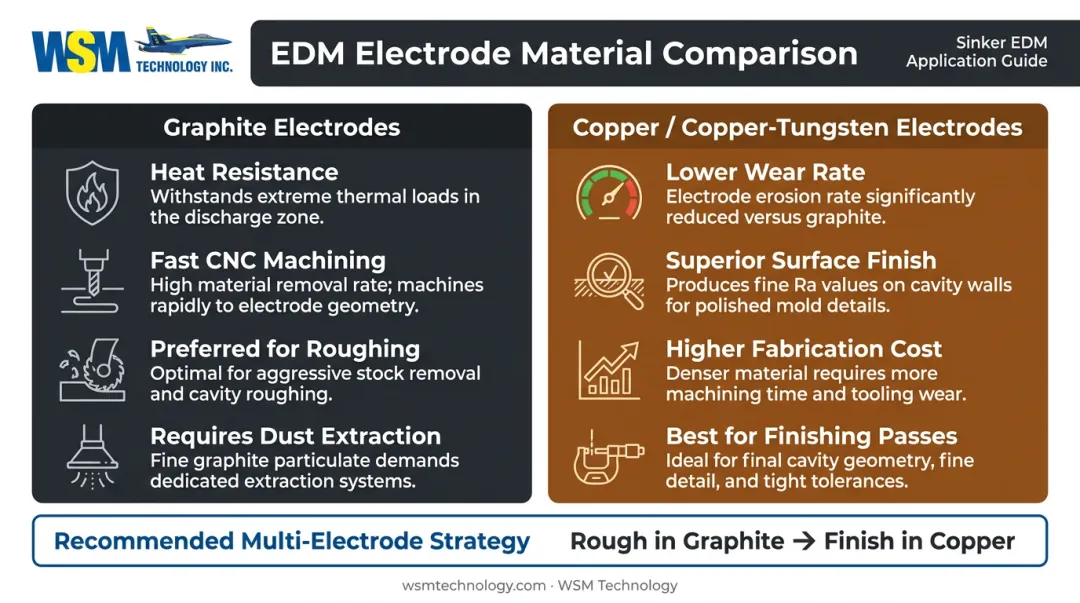 Graphite versus copper electrode comparison chart for sinker EDM mold cavity burns