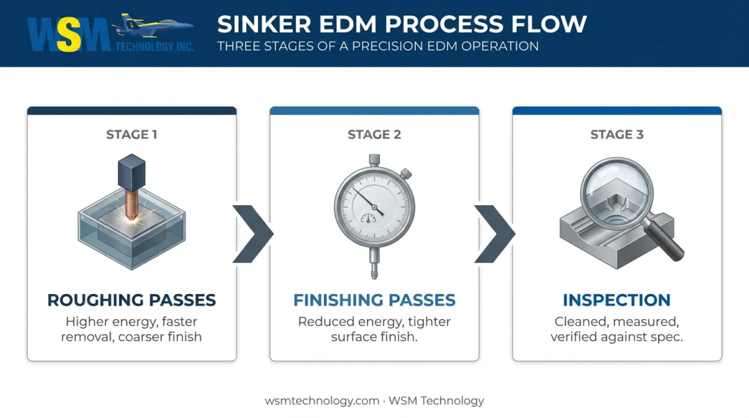 Three-stage sinker EDM roughing finishing and inspection process flow diagram