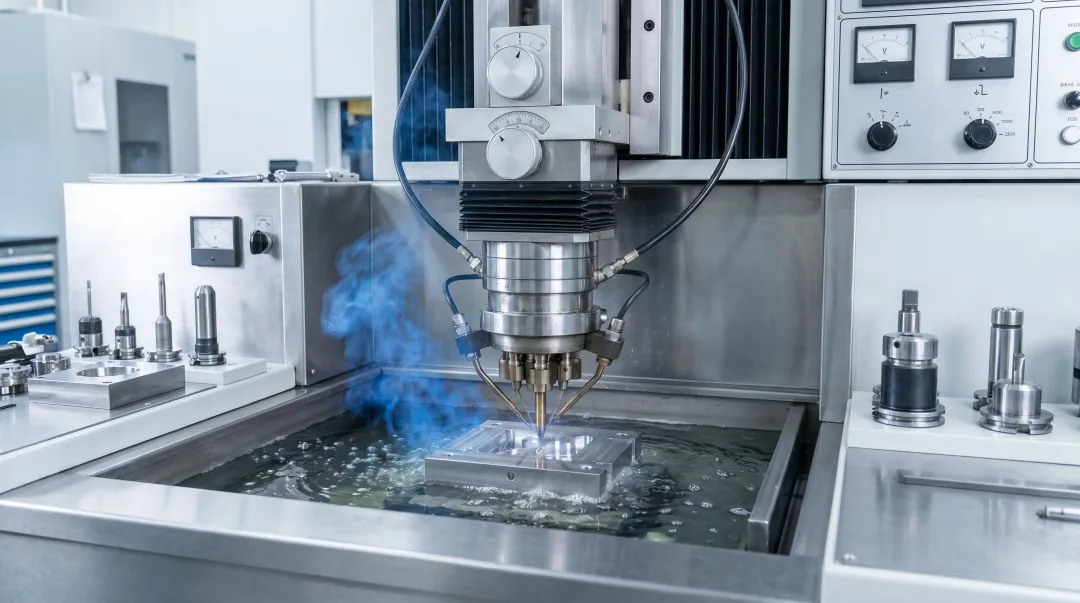 Precision mold and die machining operation using sinker EDM in industrial tool shop