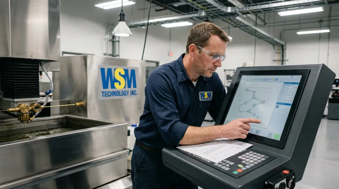 CNC programmer reviewing wire EDM cut sequence strategy with part diagram on control monitor