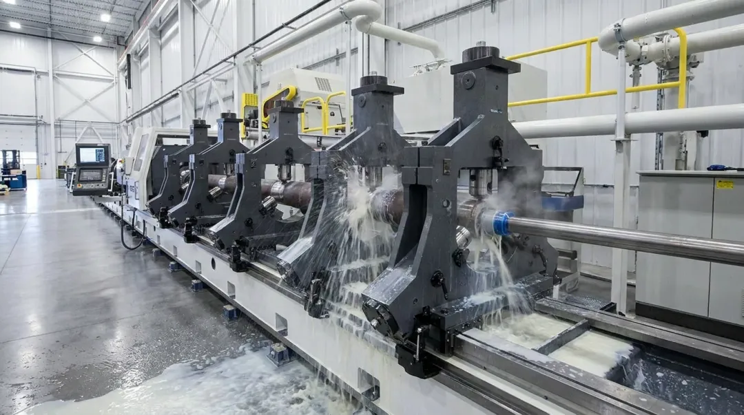 Industrial deep hole drilling machine boring a large aerospace component in a manufacturing facility