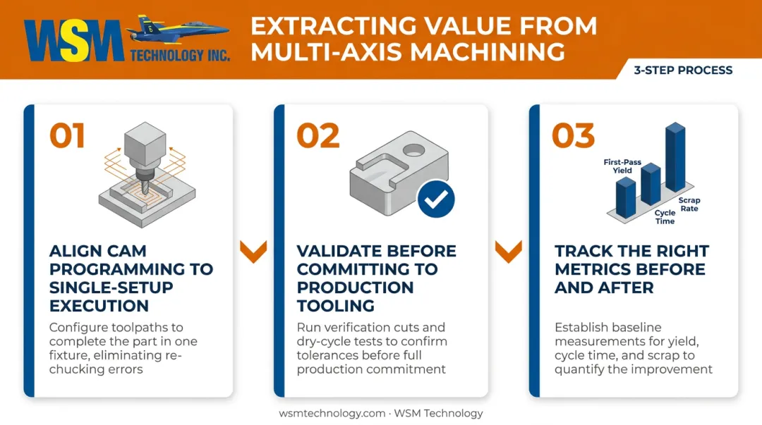 Three-step process for maximizing multi-axis CNC machining value in aerospace production