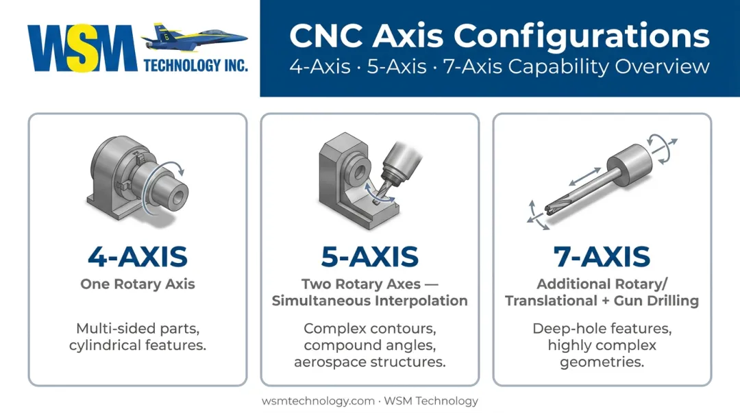 4-axis 5-axis and 7-axis CNC machining configuration comparison infographic