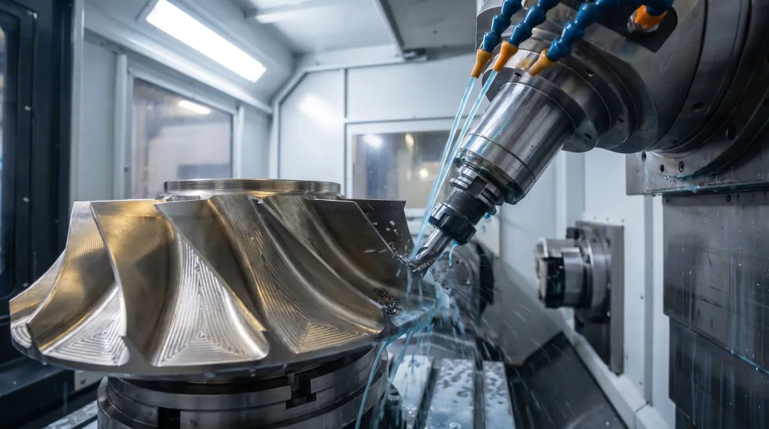 Multi-axis CNC machine cutting titanium aerospace component at compound angle