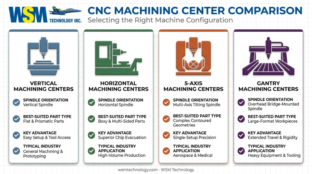 VMC HMC 5-axis and gantry machining center type comparison chart