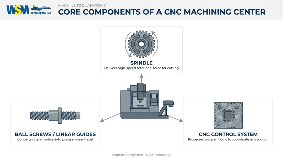 CNC machining center core components spindle ball screws and control system diagram