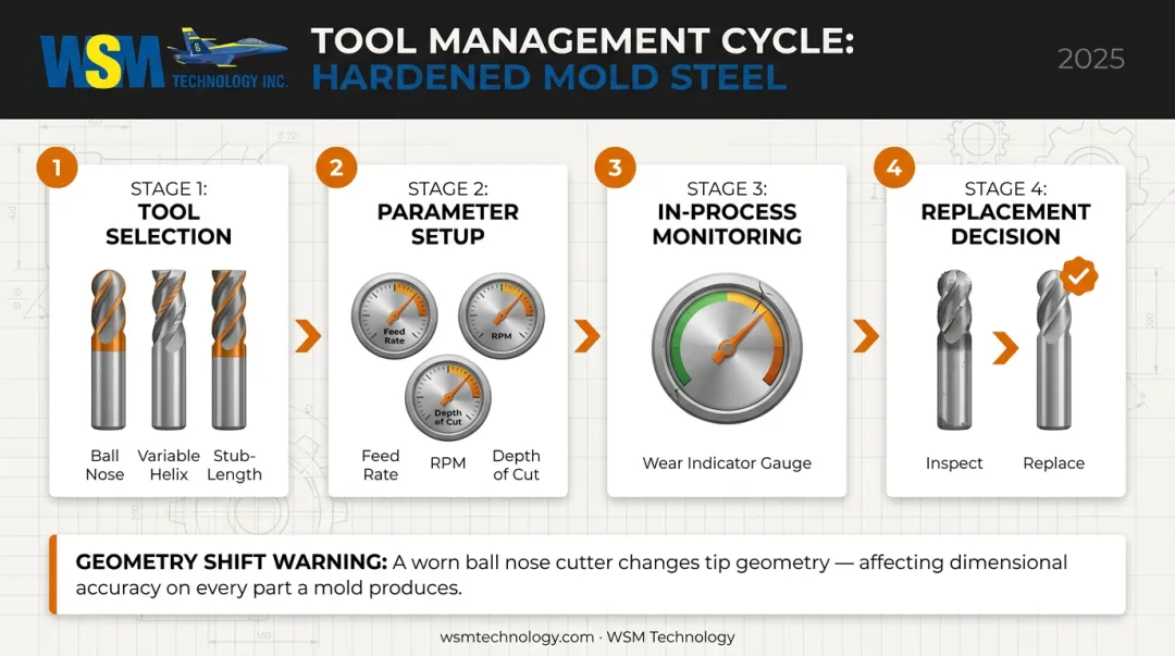 Mold machining tool wear management process from selection to replacement interval