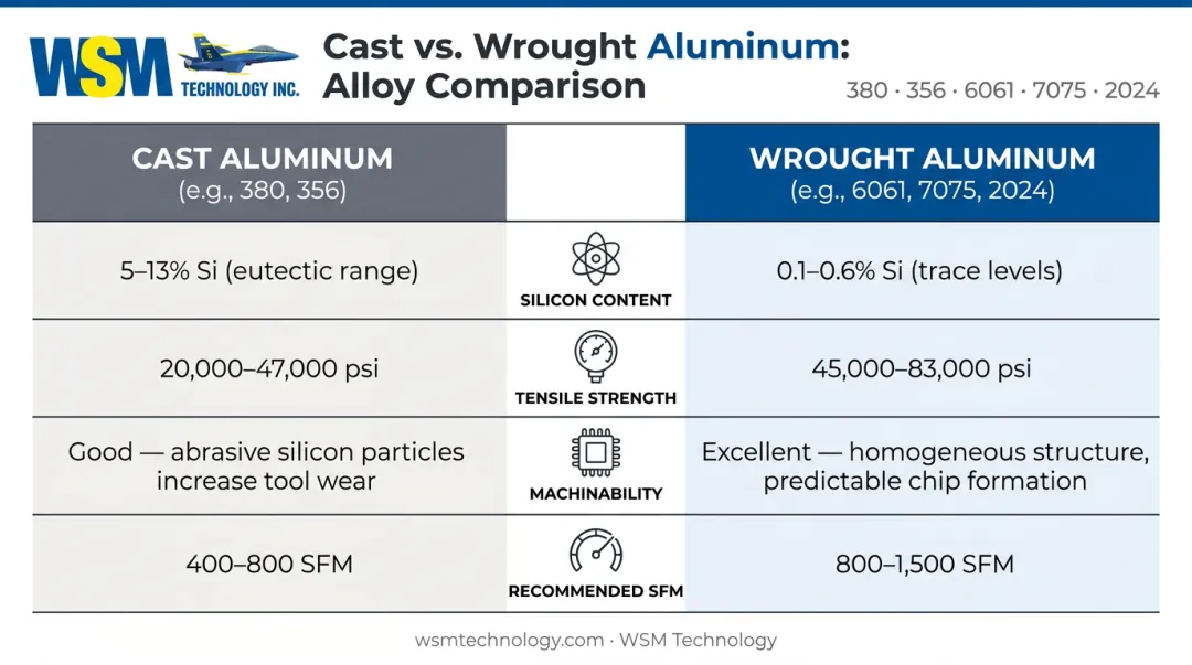 Cast versus wrought aluminum alloy properties and tool selection comparison chart