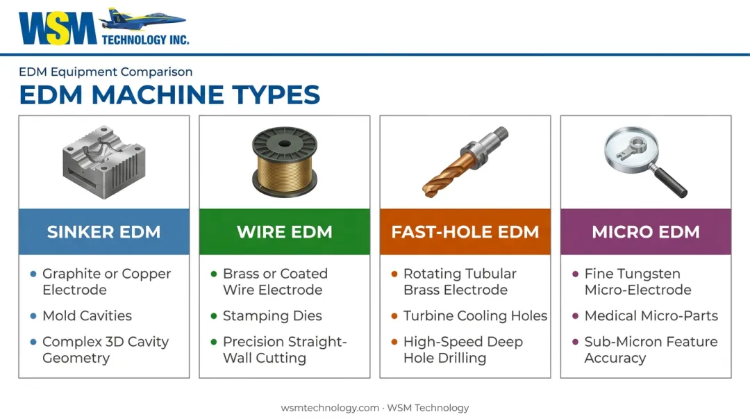 Four types of EDM machines compared: sinker wire fast-hole and micro