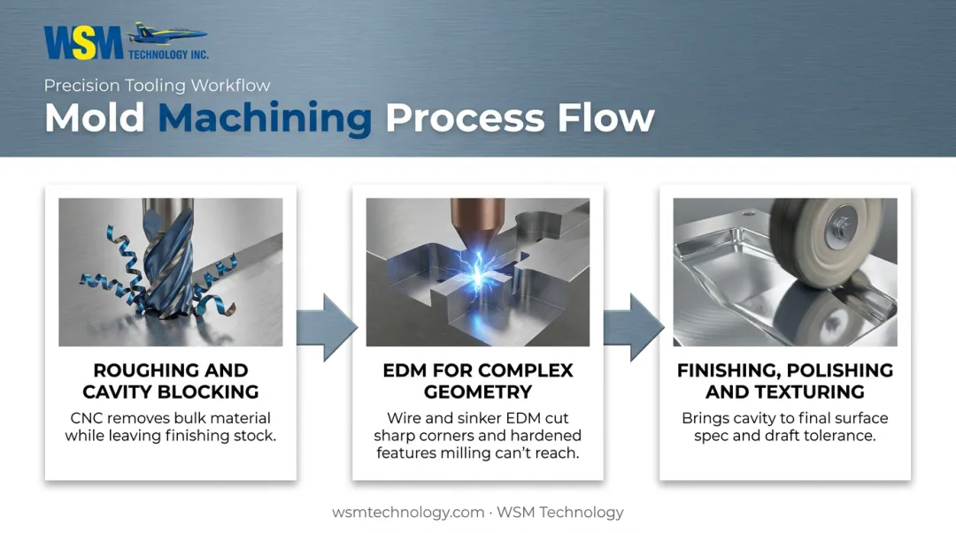 Three-step mold machining process flow from roughing to finishing