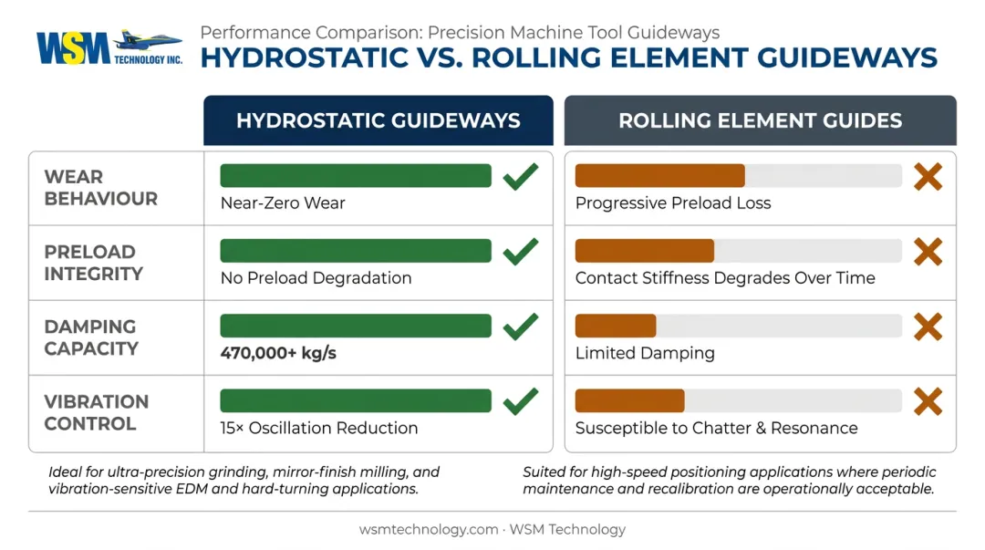 Hydrostatic versus rolling element guideway damping and stiffness performance comparison infographic