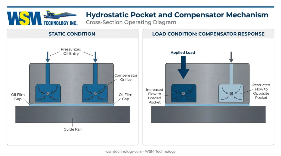 Hydrostatic pocket and compensator load-balancing mechanism cross-section diagram