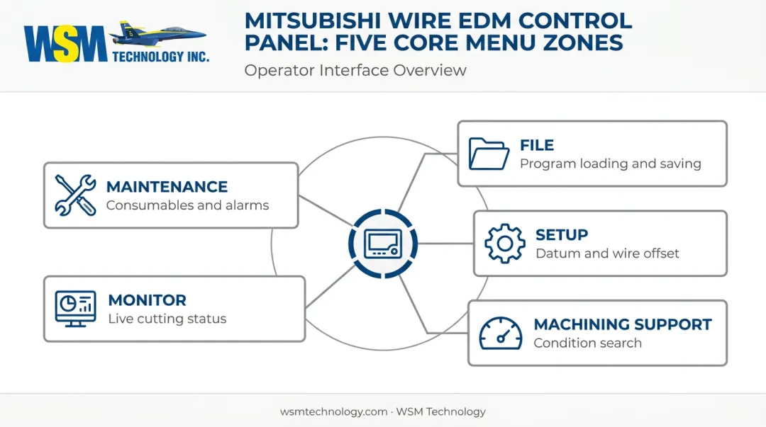 Five-zone Mitsubishi wire EDM control panel menu structure diagram
