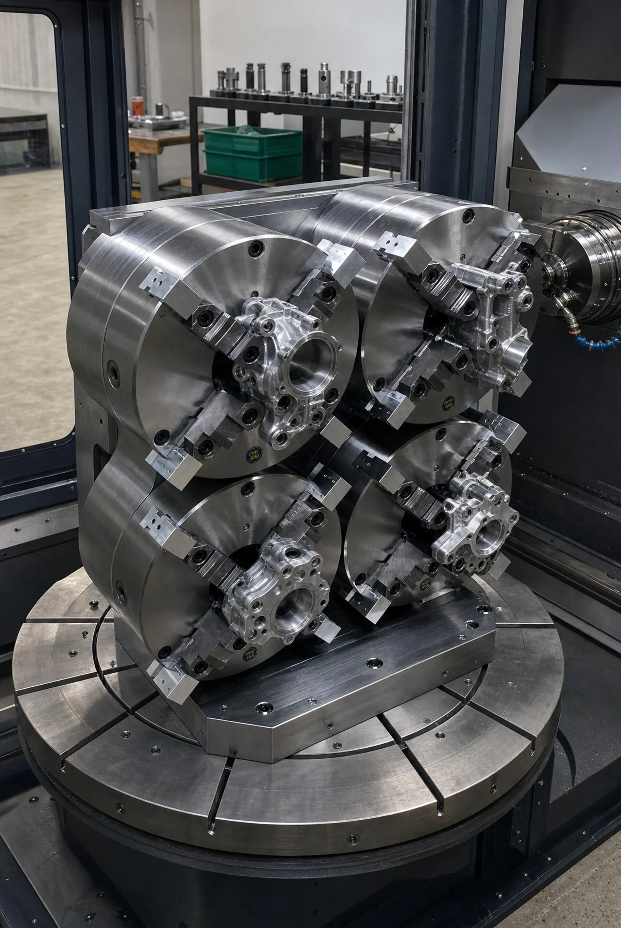 Horizontal machining center with tombstone fixture mounted on rotary pallet