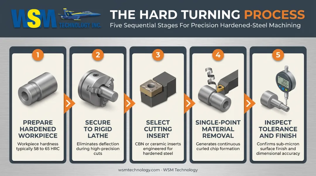 5-step hard turning process flow from workpiece prep to inspection