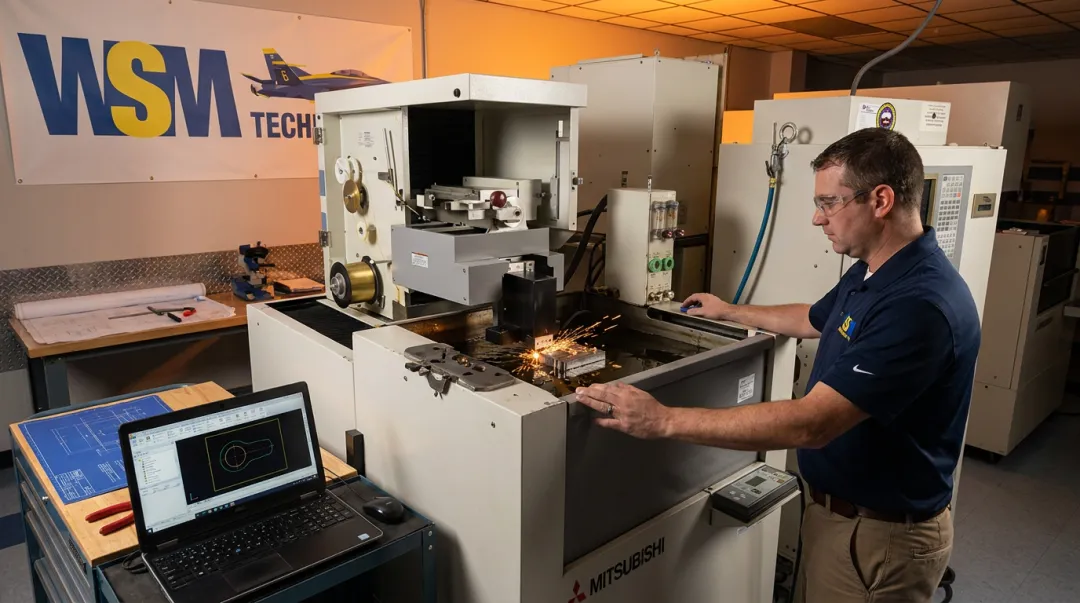 WSM Technology demonstration center technician running Mitsubishi wire EDM test cut