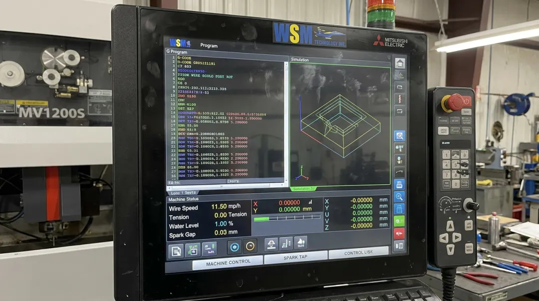 Mitsubishi M800 wire EDM control touchscreen interface displaying machine programming