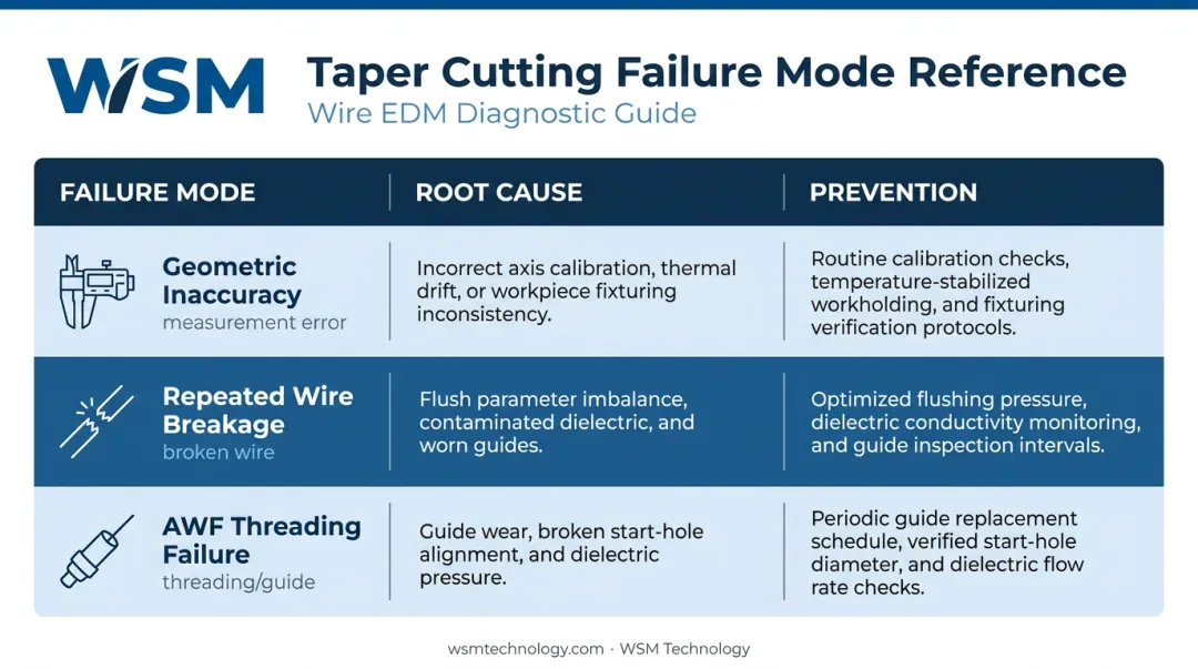 Wire EDM taper cutting failure modes root causes and prevention comparison table