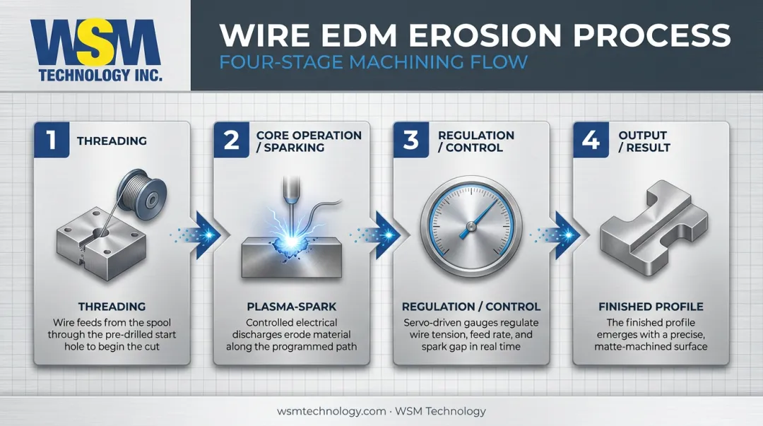Four-stage wire erosion process flow from threading to finished output