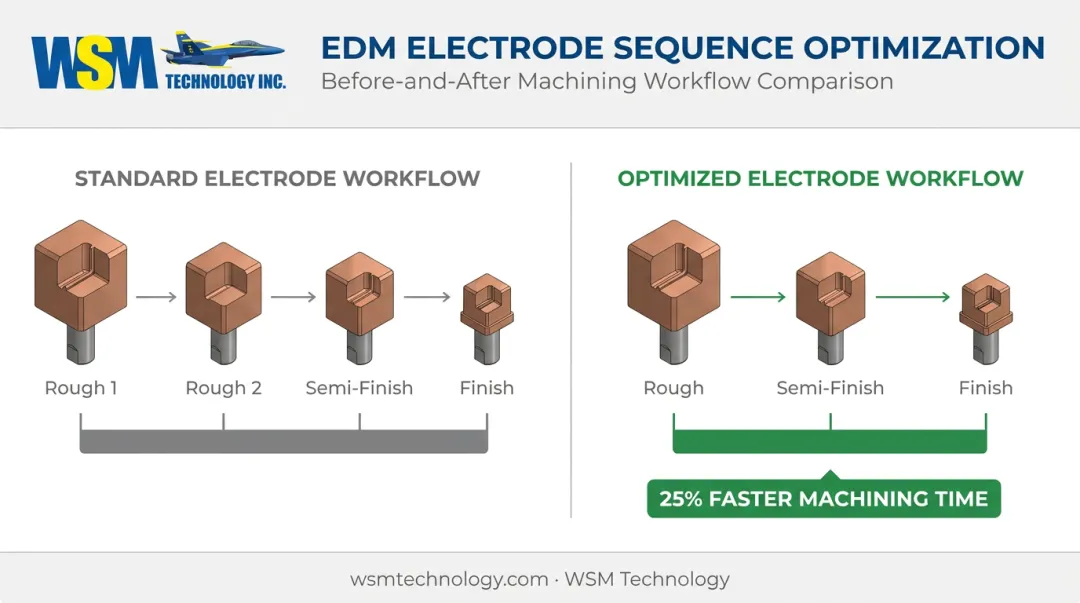 Sinker EDM electrode sequence optimization from four to three electrodes