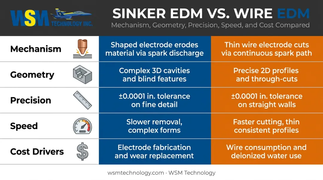 Sinker EDM versus wire EDM comparison chart across five key factors