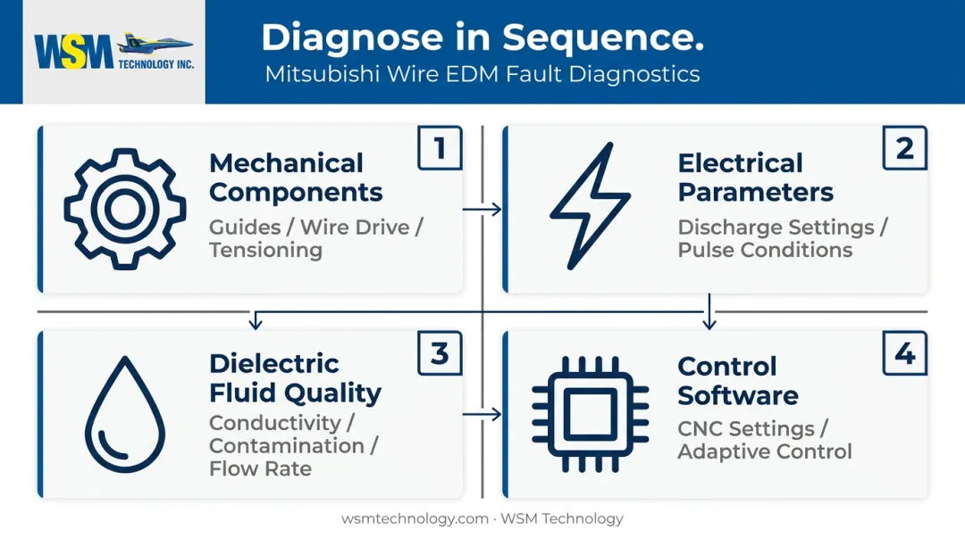 Four root-cause categories for Mitsubishi Wire EDM troubleshooting hierarchy diagram