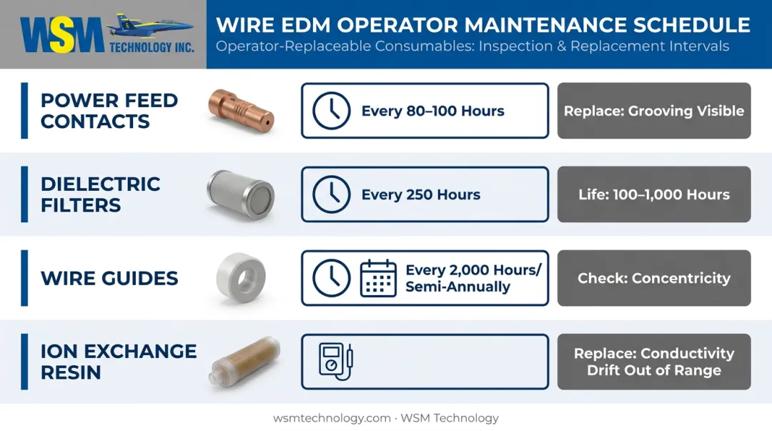 Mitsubishi Wire EDM consumable replacement intervals maintenance schedule infographic