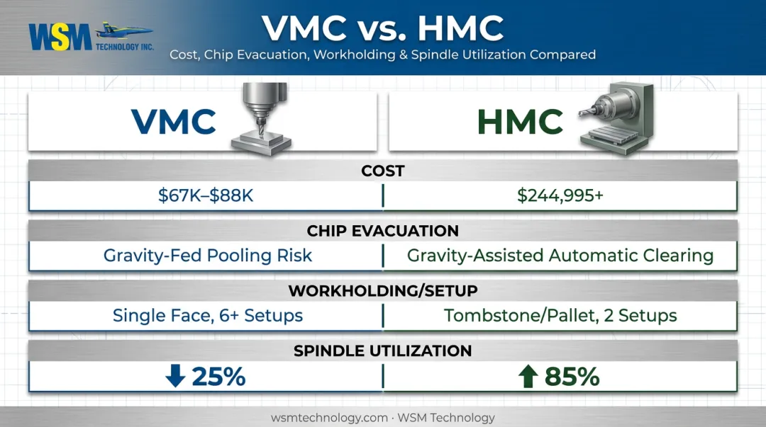 VMC versus HMC comparison chart covering cost chip evacuation and spindle utilization