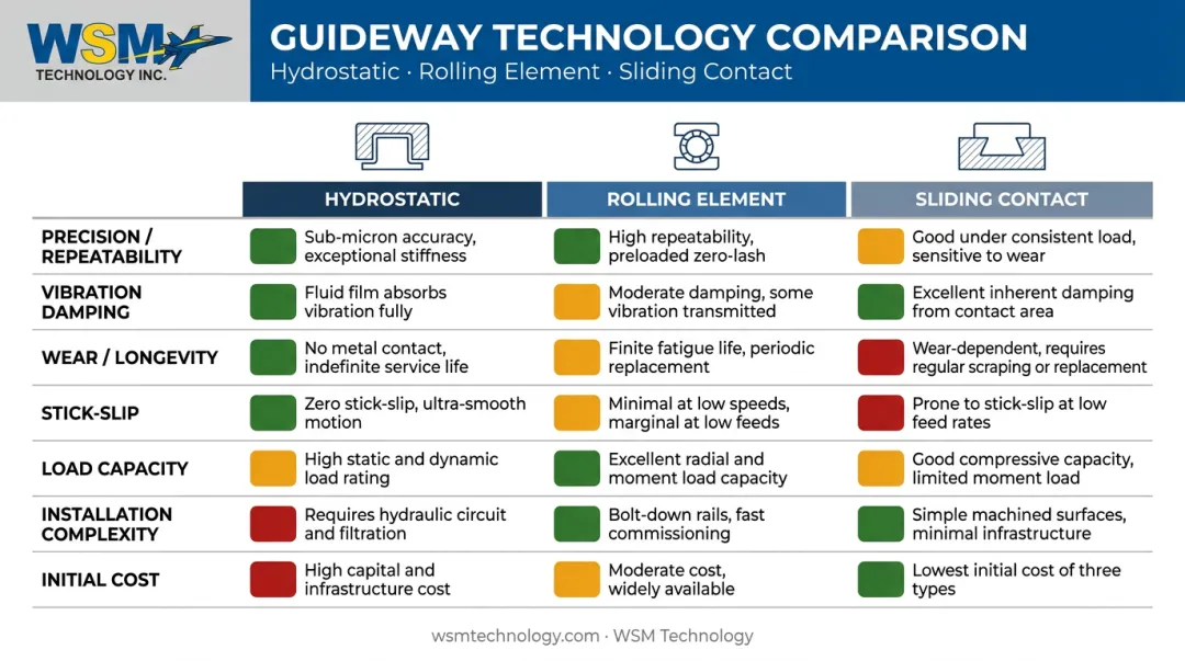 Hydrostatic versus rolling element versus sliding guideway full criteria comparison chart