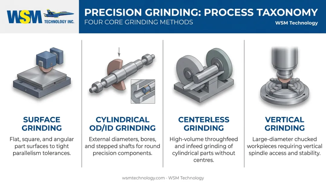 Four types of precision grinding process illustrated with part geometry examples