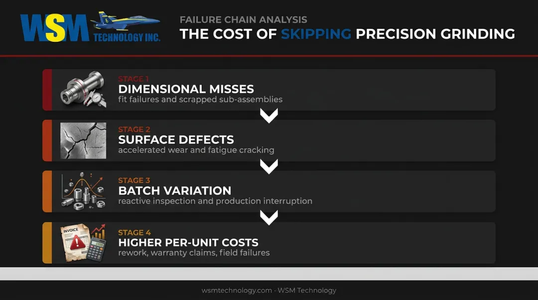 Precision grinding failure chain showing four cascading cost consequences when skipped