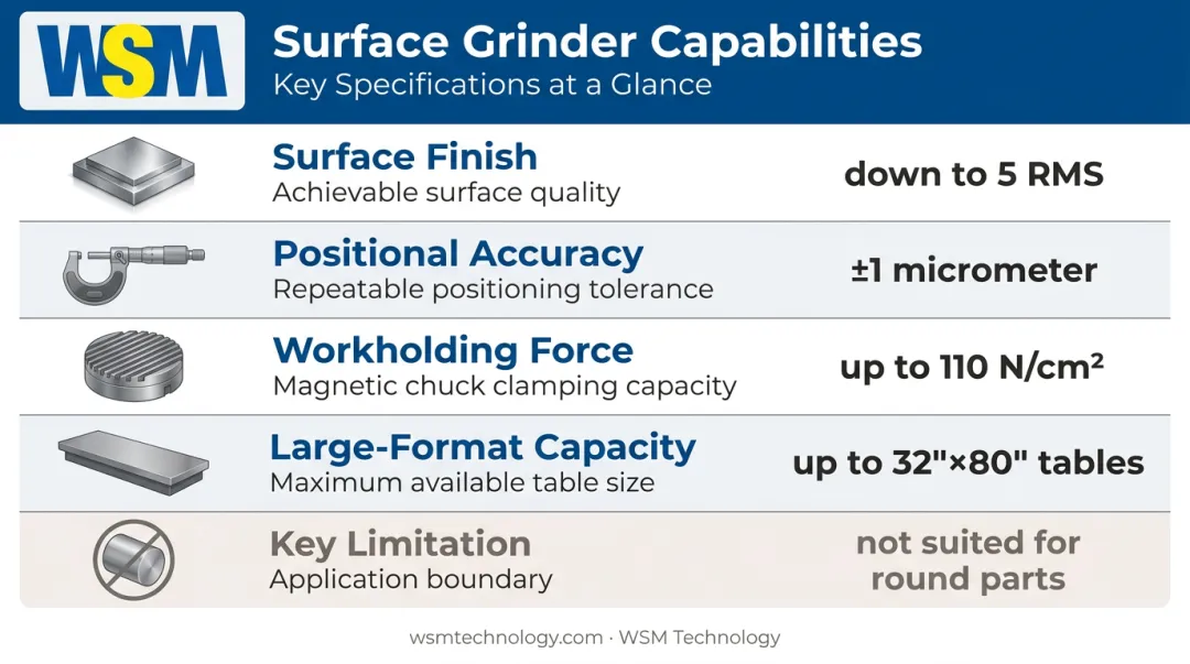 Surface grinding machine capabilities comparison table showing tolerances finishes and workholding specs