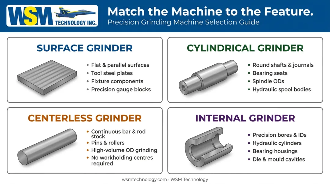 Four precision grinding machine types matched to part geometry and application decision framework