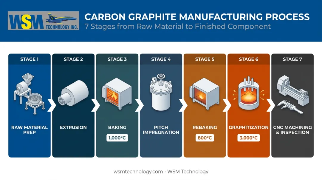 7-step graphite electrode manufacturing process from raw materials to machined part