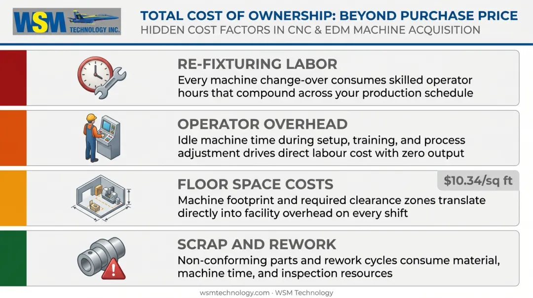 Total cost of ownership breakdown comparing mill-turn versus separate CNC machines four factors
