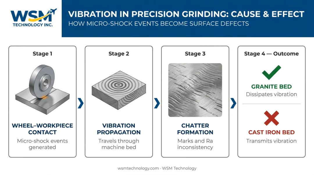 Grinding vibration cause and effect chain from chatter to surface finish degradation