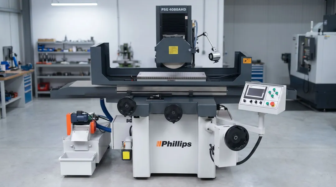 Precision surface grinding machine with granite bed in modern manufacturing facility