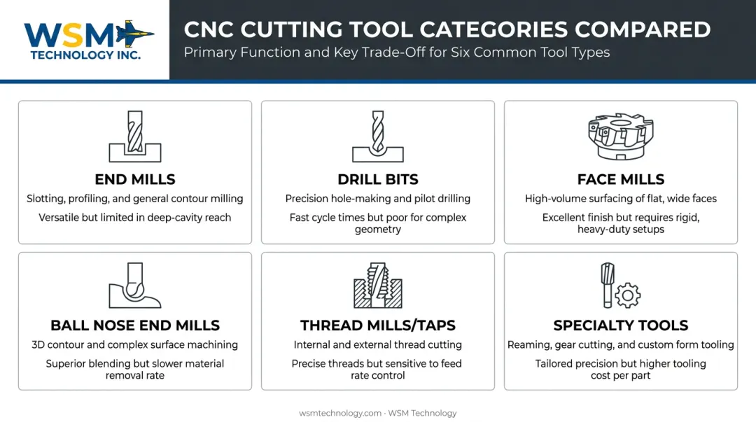 CNC cutting tool types comparison chart showing end mills drills face mills and specialty tools