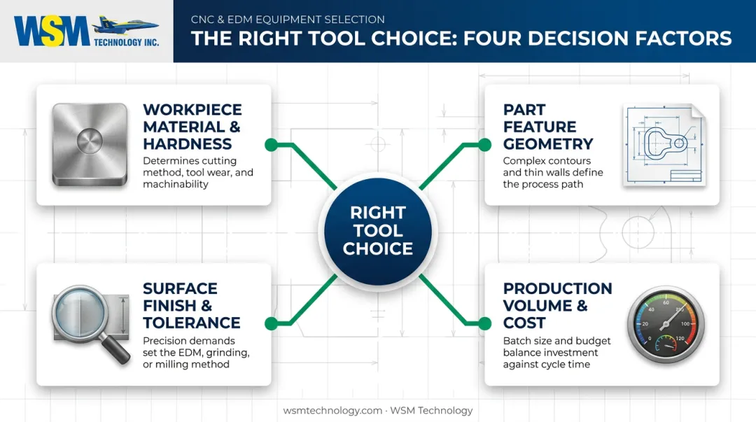 Four-factor CNC cutting tool selection decision framework diagram