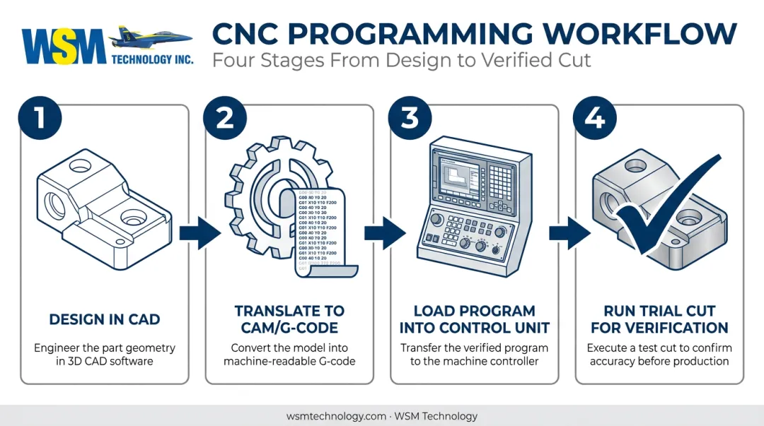 CAD to CAM to G-code manufacturing workflow four-step process diagram