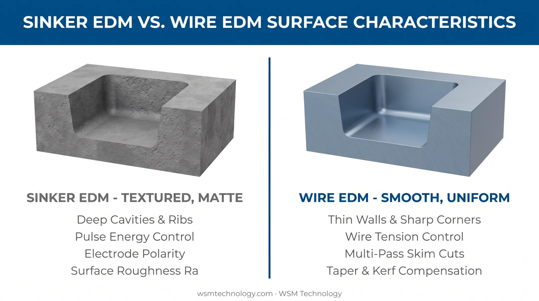 Sinker EDM versus wire EDM surface texture comparison illustration