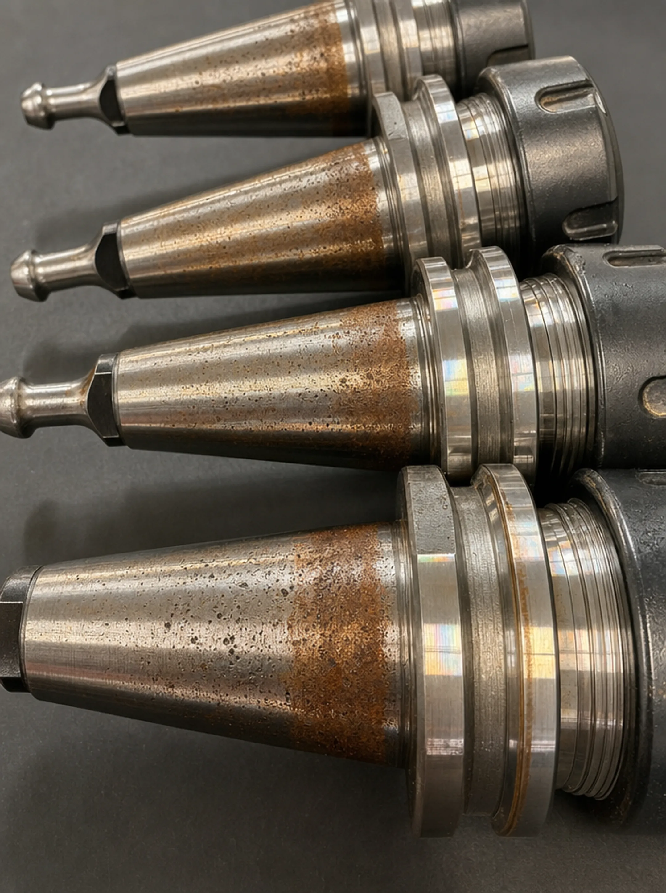Close-up of worn CNC tool holder taper showing surface scoring damage