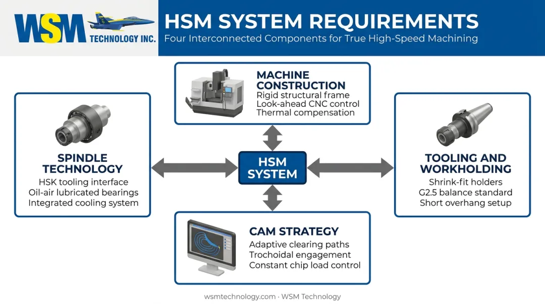 Four-component HSM system requirements machine spindle tooling and CAM strategy