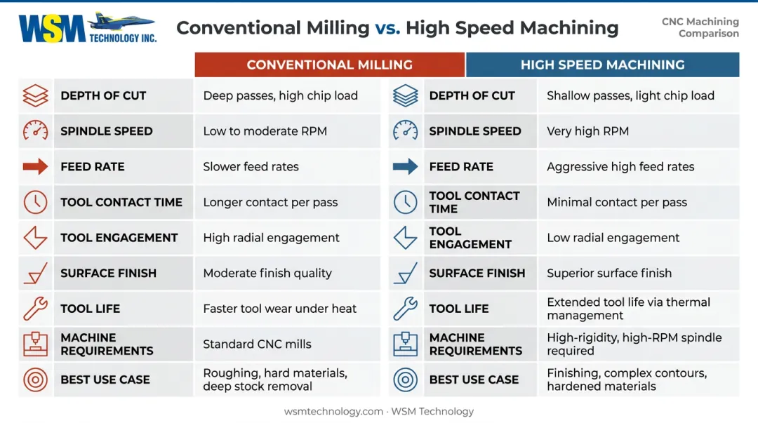 High speed machining versus conventional milling nine-factor side-by-side comparison