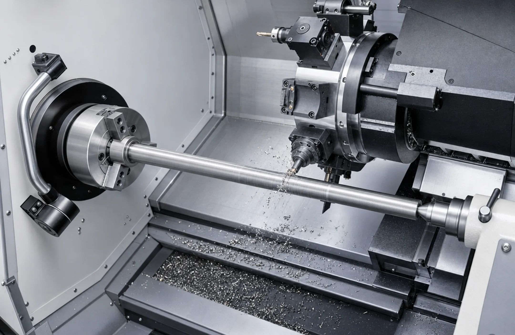 Long slender metal shaft mounted between lathe centers during machining