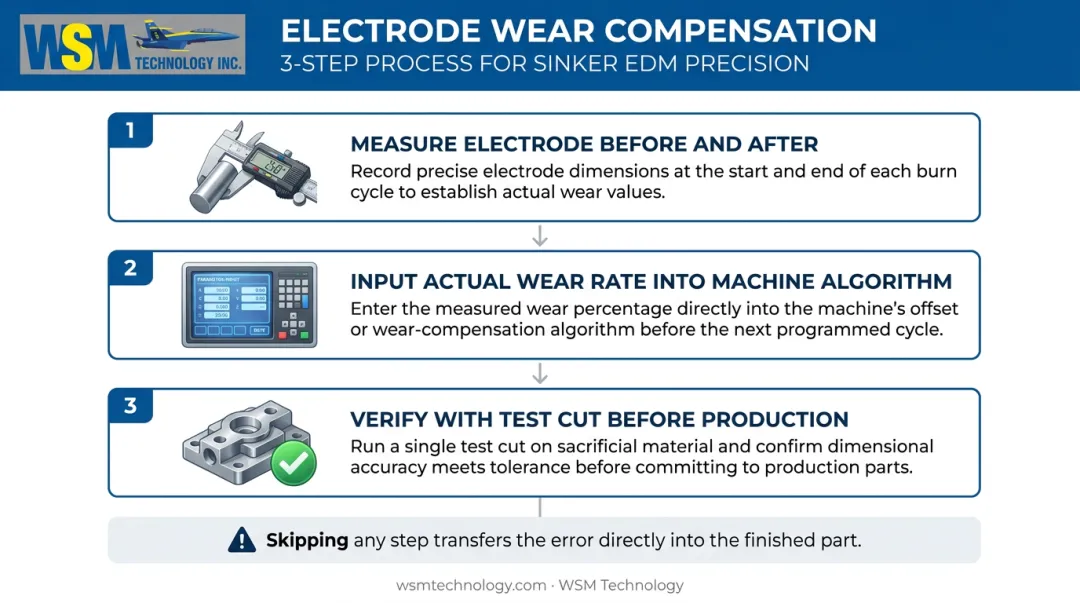 Three-step electrode wear compensation process for thin fin sinker EDM accuracy