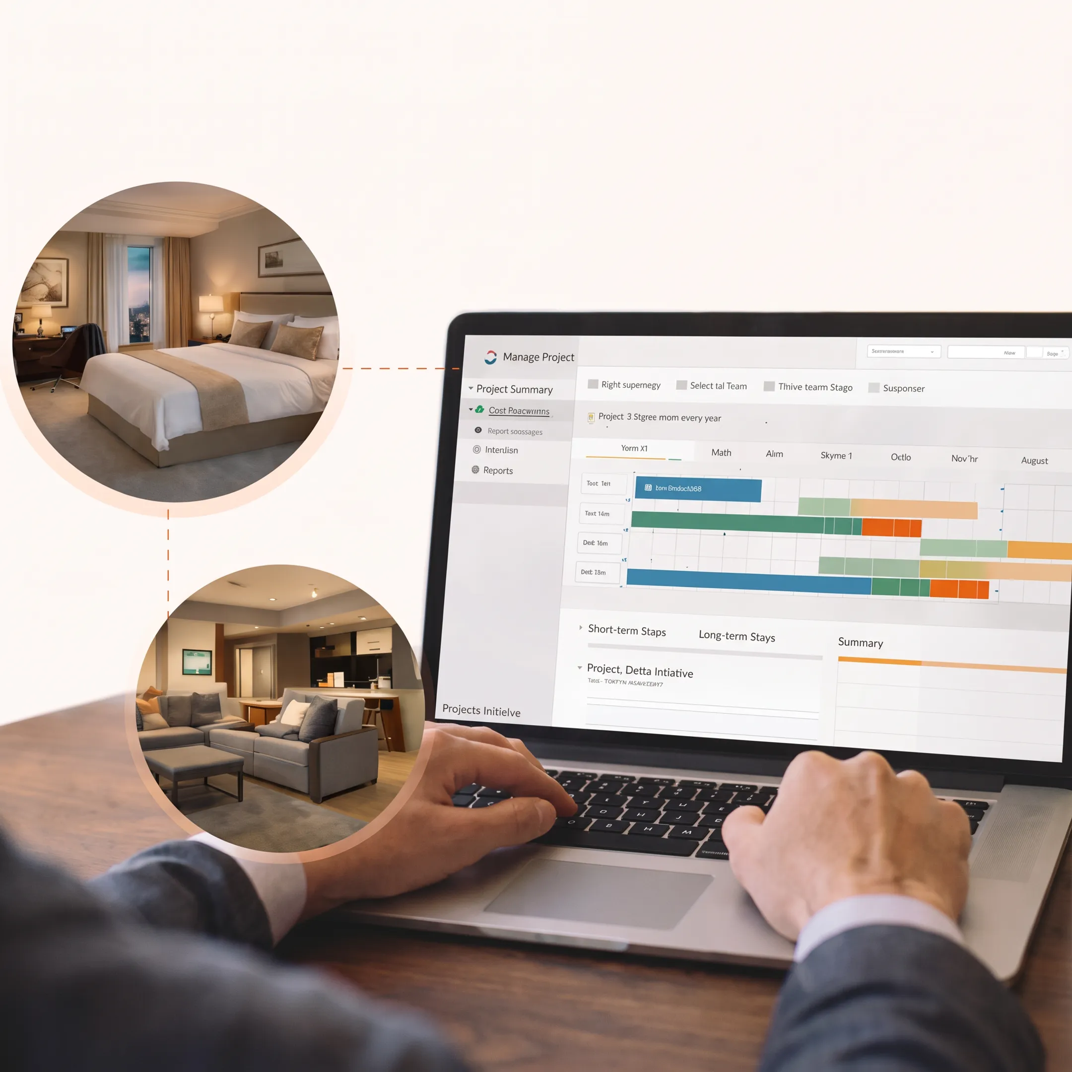 Corporate travelers and project teams reviewing lodging arrangements with a digital travel platform